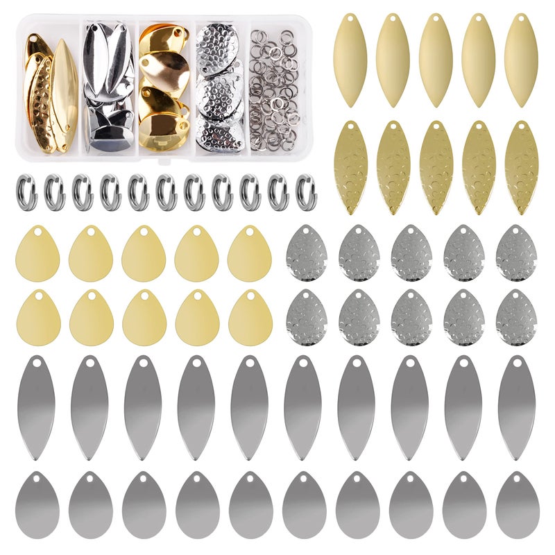 OROOTL Fishing Spinner Blades Split Rings Kit, 100pcs Colorado Willow Blades Lure Rings Set Gold Silver Spoon Easy Spin Spinner Bait Making Freshwater Saltwater Walleye Rig Inline DIY Accessories - Image 1